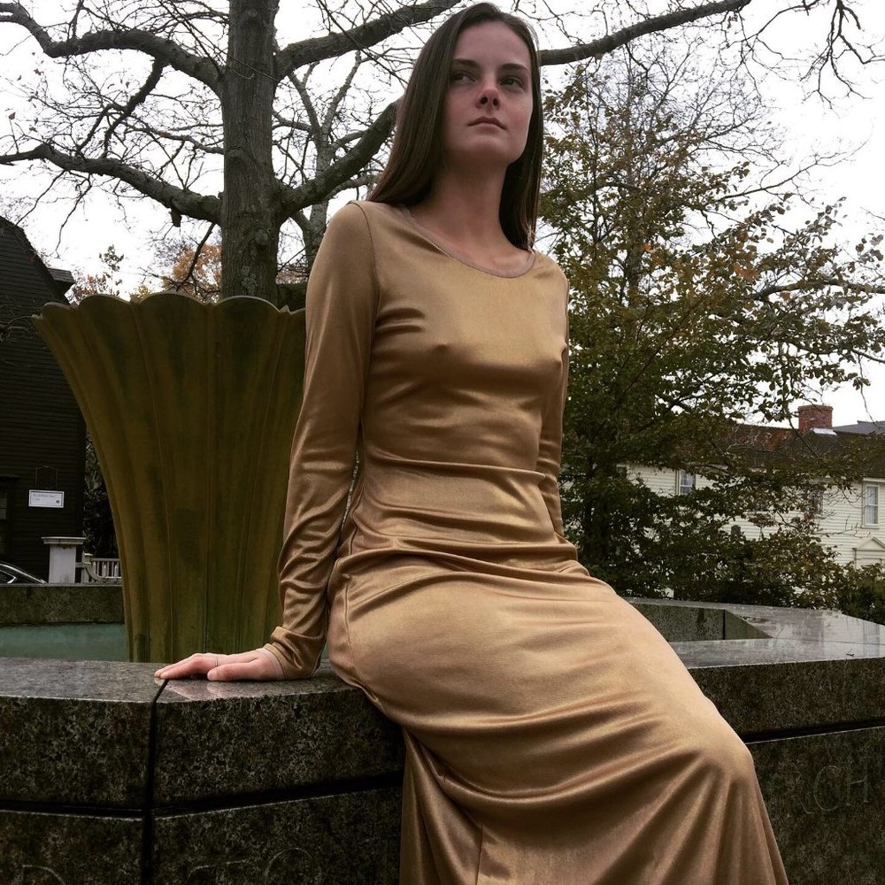 Long Elegant Gold Max Azria Dress with Perfect Draping